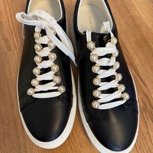 Stuart Weitzman Black Leather Sneakers with White Laces and Pearl Accents